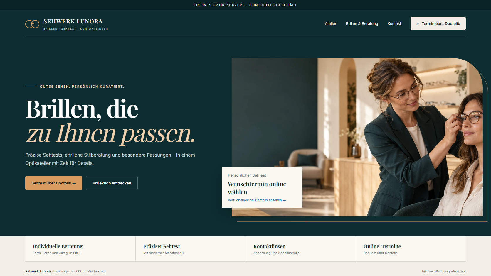 Fiktive Startseite von Sehwerk Lunora mit Doctolib-Terminbutton.