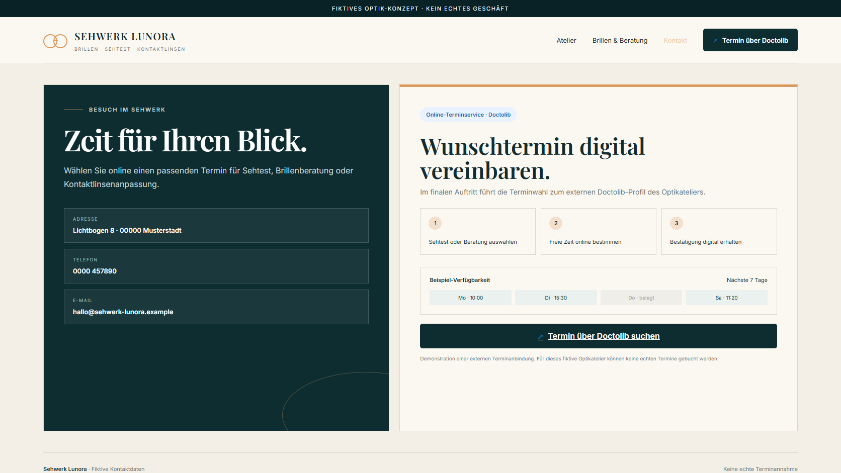 Fiktive Kontakt- und Terminansicht mit beispielhafter Doctolib-Terminführung.
