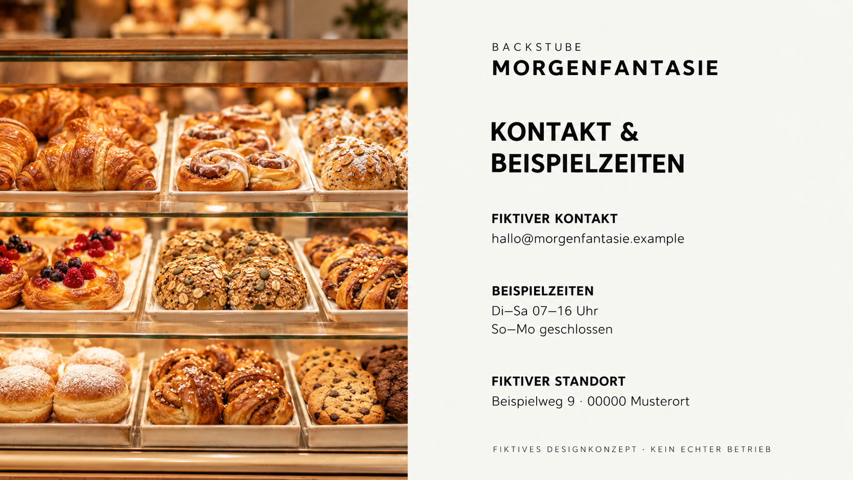 Fiktive Kontaktseite für Backstube Morgenfantasie: Beispielweg 9, 00000 Musterort, hallo@morgenfantasie.example; kein realer Standort.