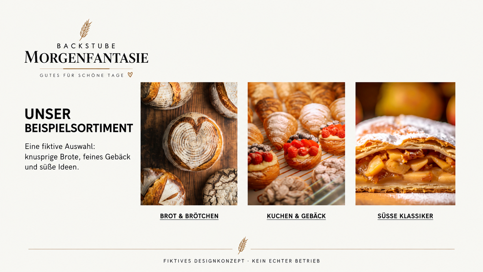 Fiktive Backstube Morgenfantasie-Sortiment mit Brot, Brötchen, Gebäck und süßen Klassikern.