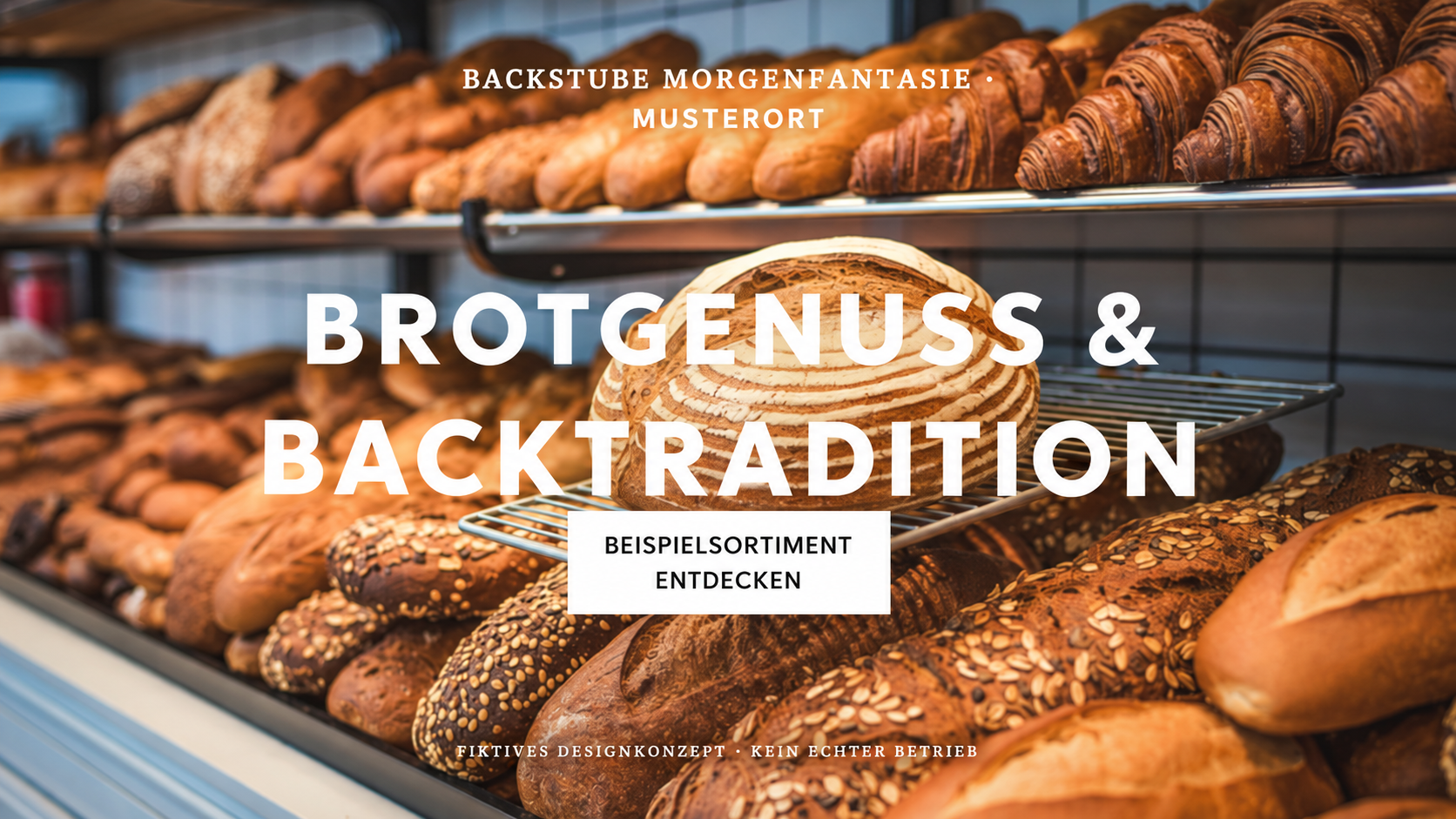 Backstube Morgenfantasie: fiktive Bäckerei mit Brot und Brötchen in einer warm beleuchteten Auslage.