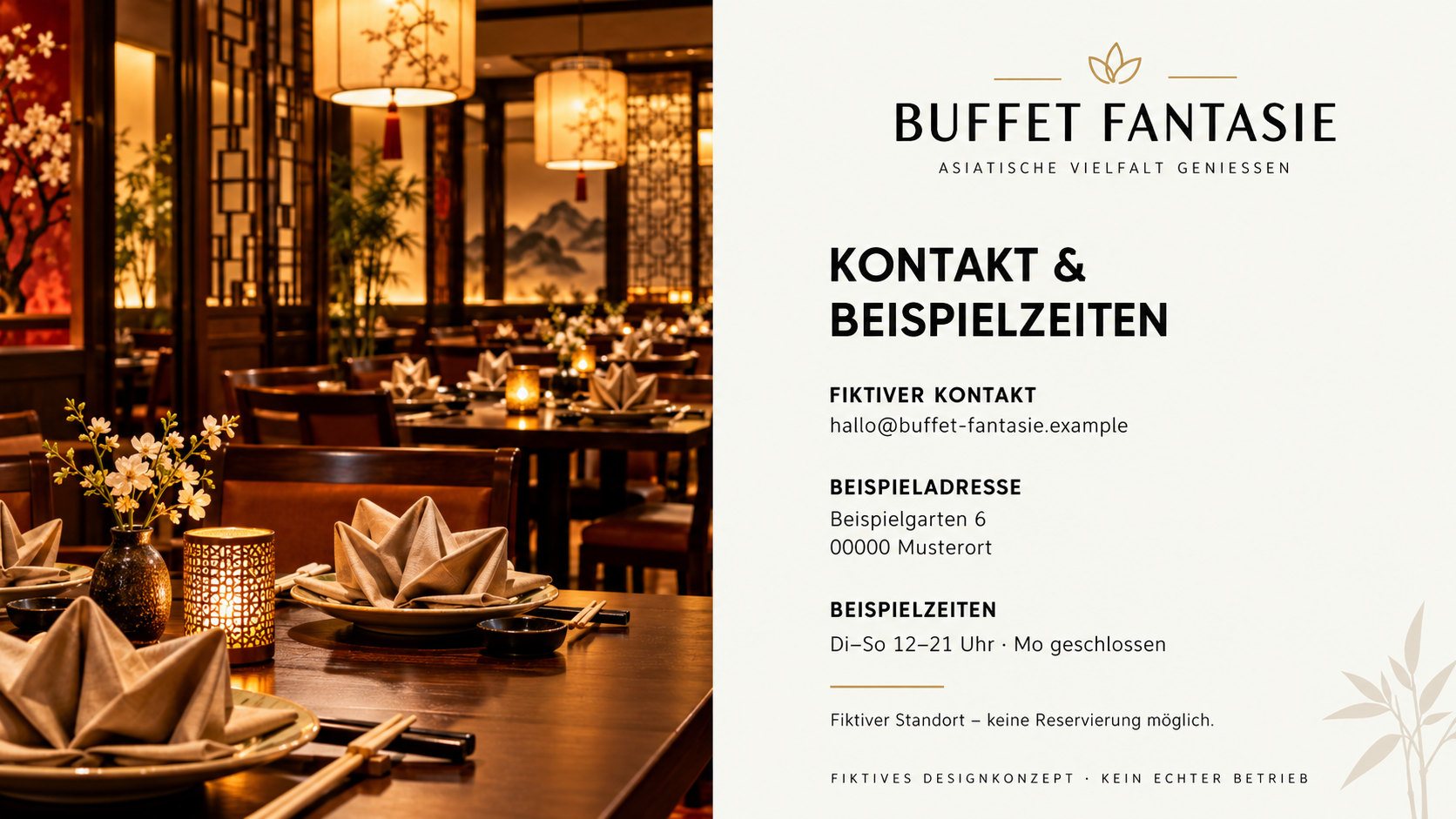 Fiktive Kontaktseite für Buffet Fantasie: Beispielgarten 6, 00000 Musterort, hallo@buffet-fantasie.example; kein realer Standort.