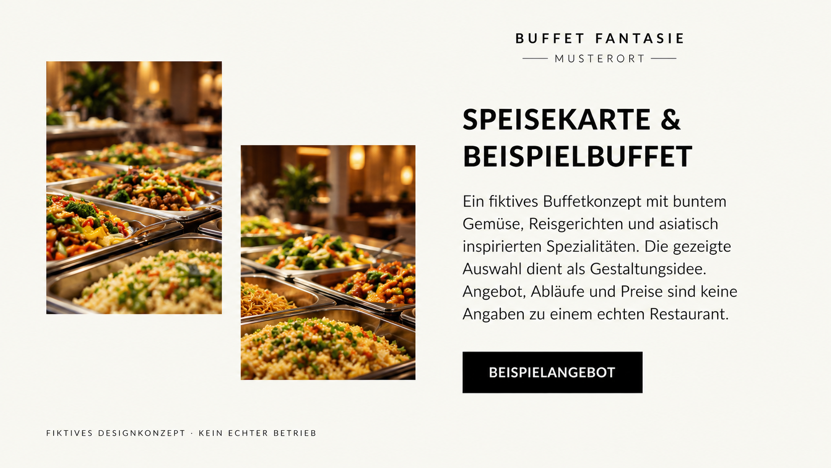 Fiktive Buffet Fantasie-Speisekarte mit einer rein beispielhaften Buffetauswahl und fiktiver Angebotsbeschreibung.