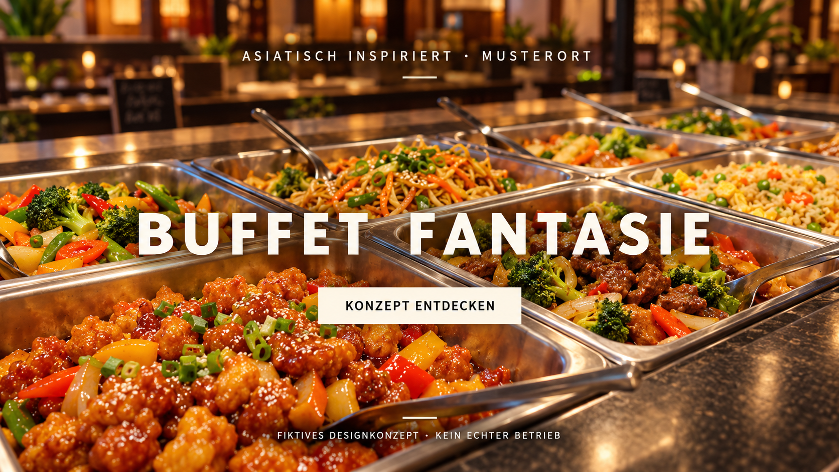 Buffet Fantasie: fiktives Restaurant mit einer asiatisch inspirierten Buffetauswahl.