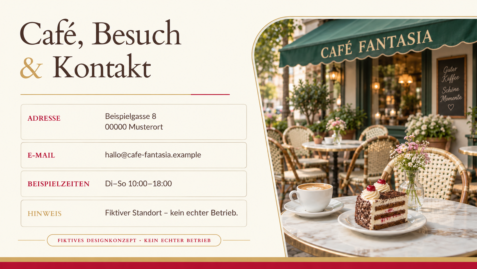 Fiktive Kontaktseite für Café Fantasia: Beispielgasse 8, 00000 Musterort, hallo@cafe-fantasia.example; kein realer Standort.