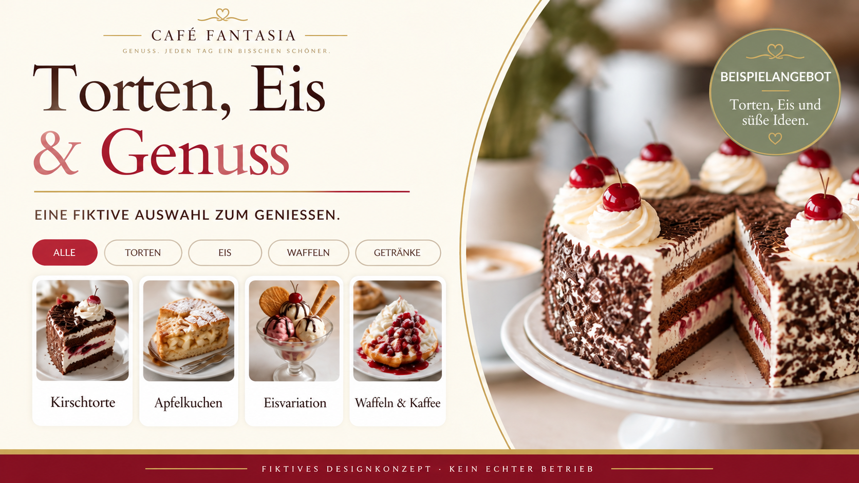 Fiktive Café Fantasia-Speisekarte mit Torten, Eisvariationen und Kaffee.