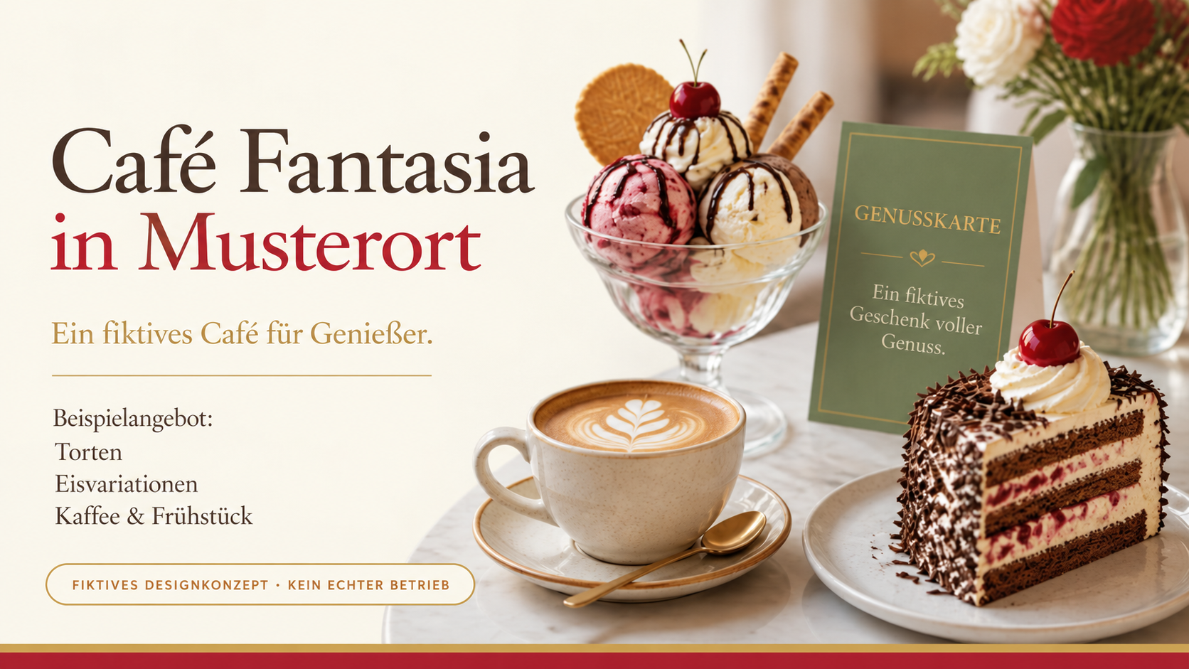 Café Fantasia: fiktives Pizza-und-Pasta-Café vor einer erfundenen Küstenlandschaft; Kontakt hallo@cafe-fantasia.example.