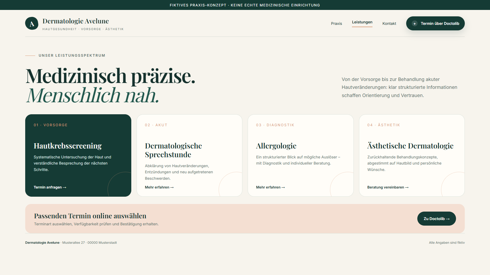 Fiktive Leistungsübersicht für Dermatologie, Vorsorge, Allergologie und ästhetische Beratung.