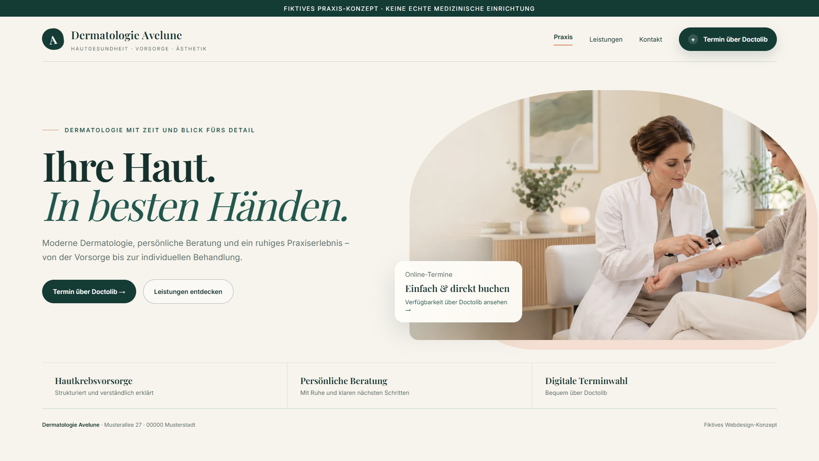 Fiktive Startseite der Dermatologie Avelune mit Terminbutton für Doctolib.