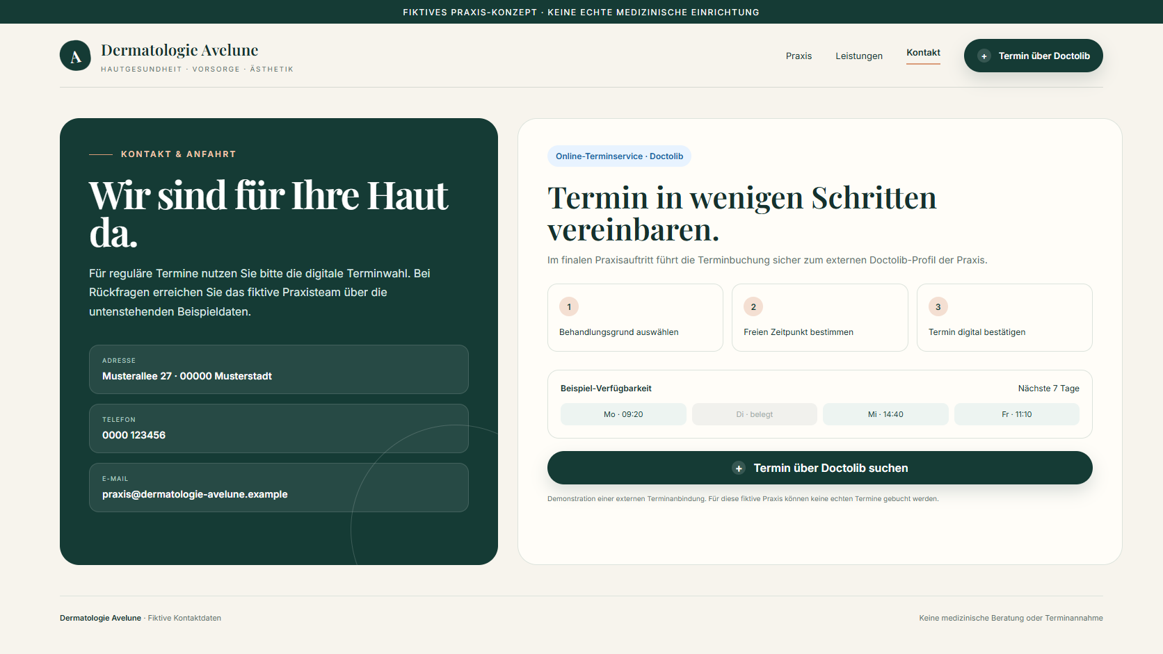 Fiktive Kontakt- und Terminansicht mit beispielhafter Doctolib-Terminführung.