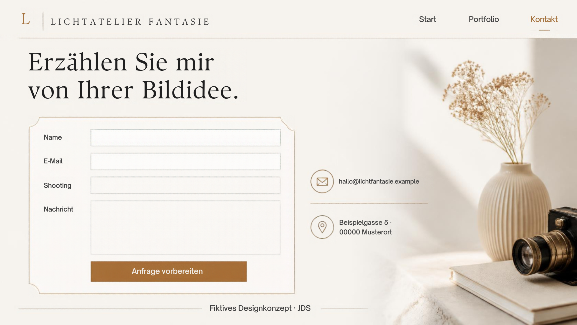 Lichtatelier Fantasie: Ein einfacher Weg zur Anfrage. Fiktives Website-Mockup.