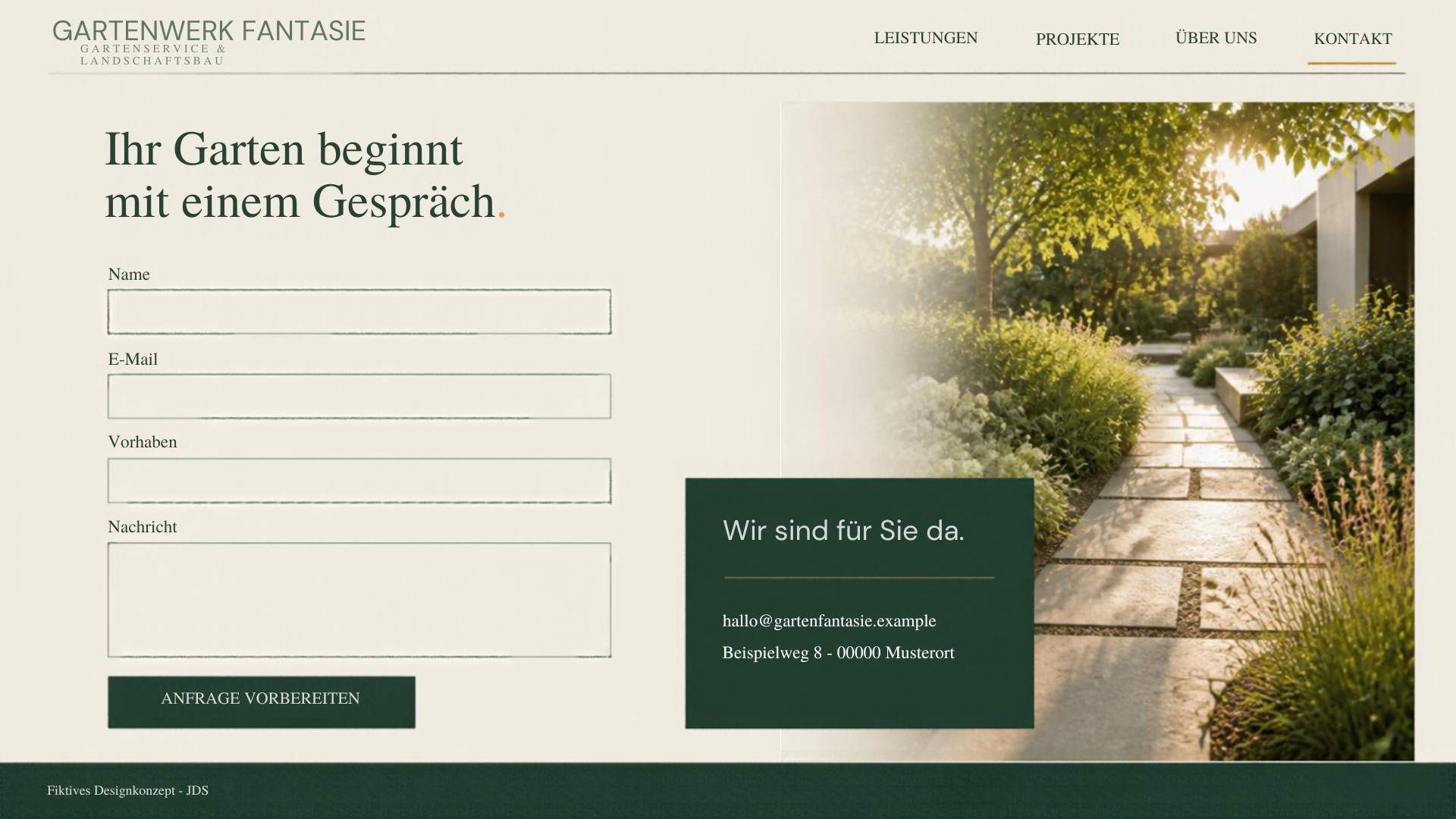 Gartenwerk Fantasie: Ein einfacher Weg zur Anfrage. Fiktives Website-Mockup.