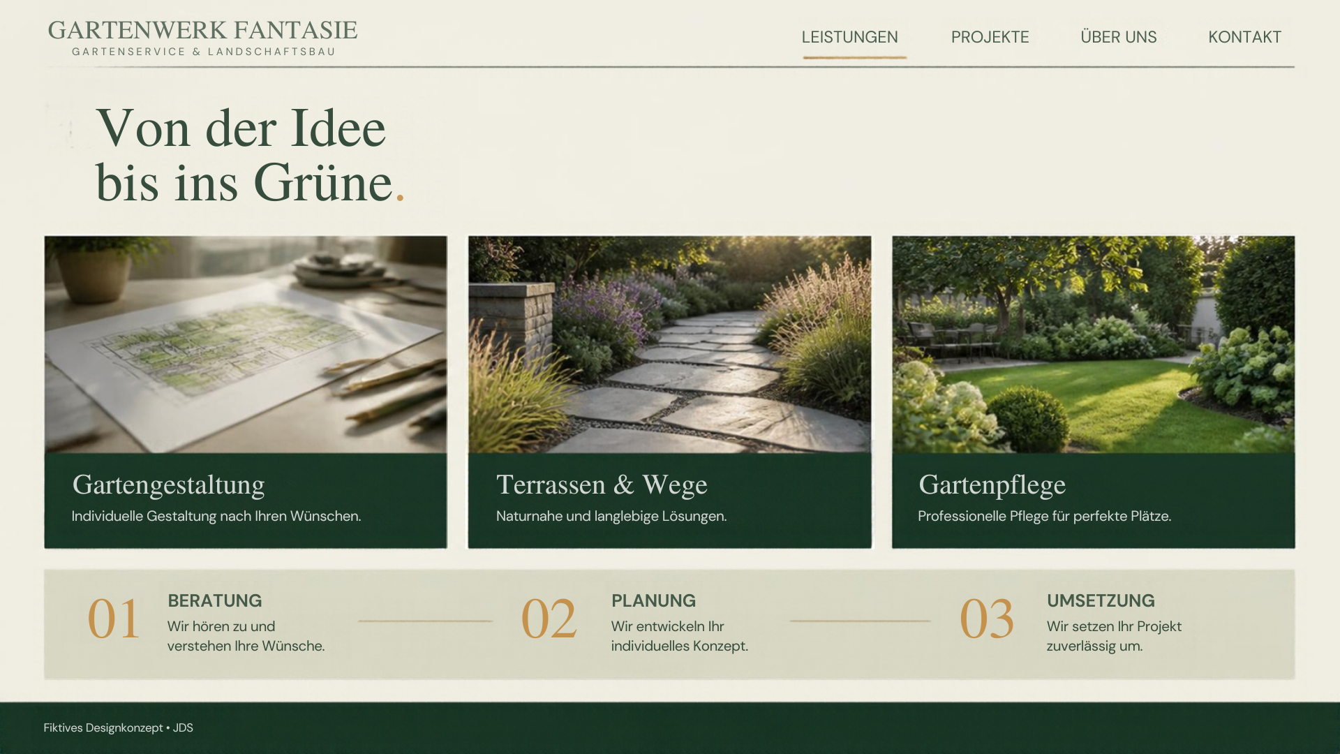 Gartenwerk Fantasie: Von der Idee bis ins Grüne. Fiktives Website-Mockup.