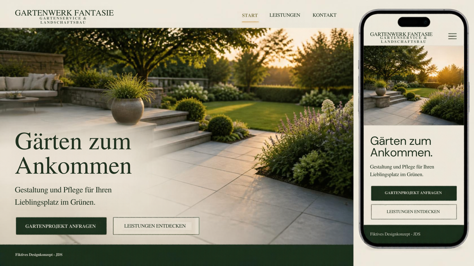 Gartenwerk Fantasie: Gärten zum Ankommen. Fiktives Website-Mockup.