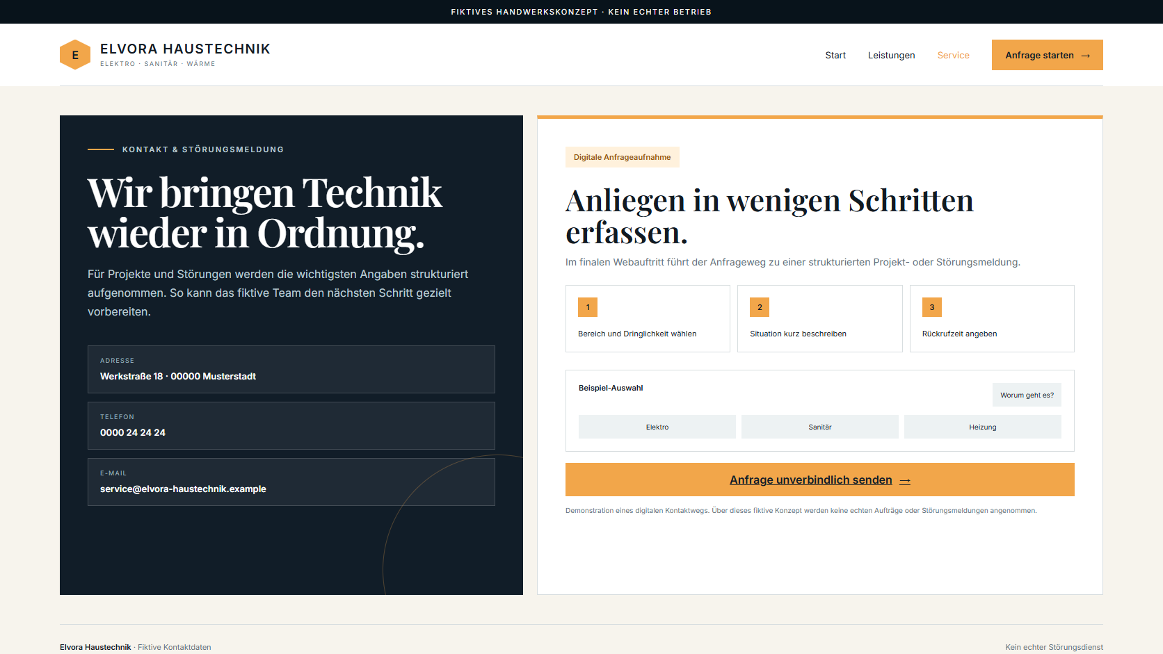 Fiktive Kontakt- und Serviceansicht mit strukturierter digitaler Anfrageaufnahme.
