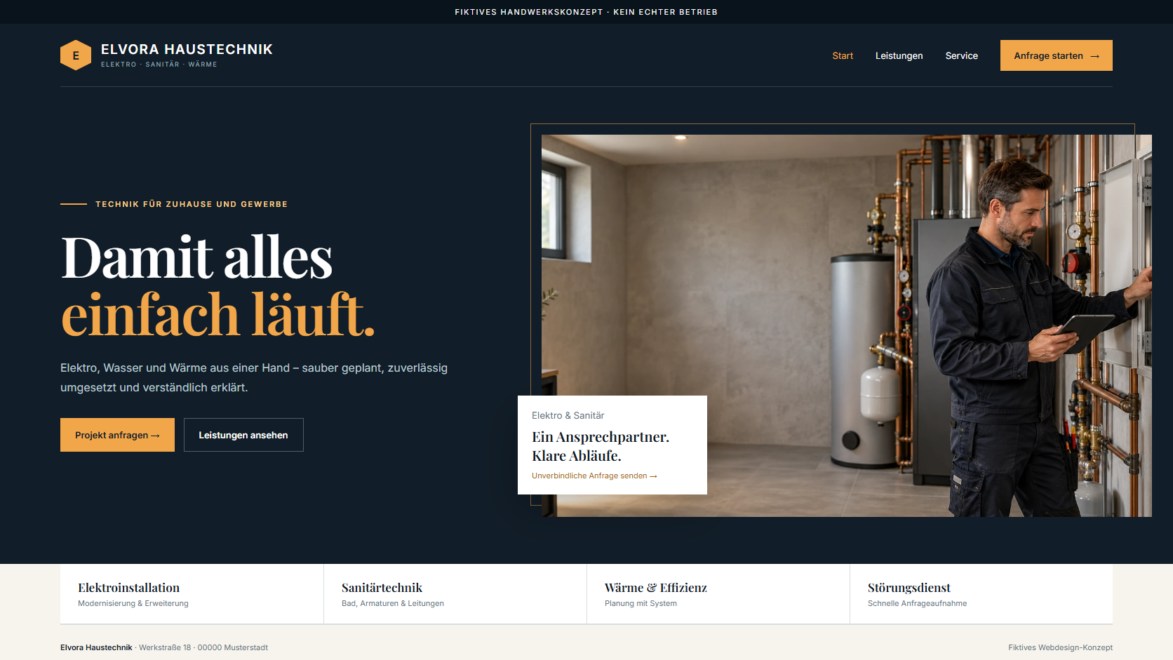 Fiktive Startseite von Elvora Haustechnik mit Haustechniker und Projektanfrage.