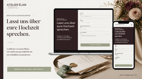 Fiktive Kontaktseite von Atelier Élan mit Anfrageformular und sicheren Beispieldaten.