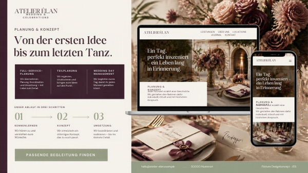 Fiktive Leistungsseite von Atelier Élan mit Planungsangeboten, Ablauf und responsiver Website-Vorschau.