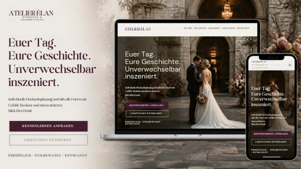 Fiktive Startseite von Atelier Élan mit Hochzeitspaar sowie Desktop- und Smartphone-Vorschau.