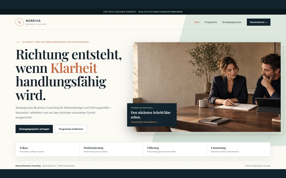 Dreiseitiger Website-Entwurf für Norevia Business Coaching