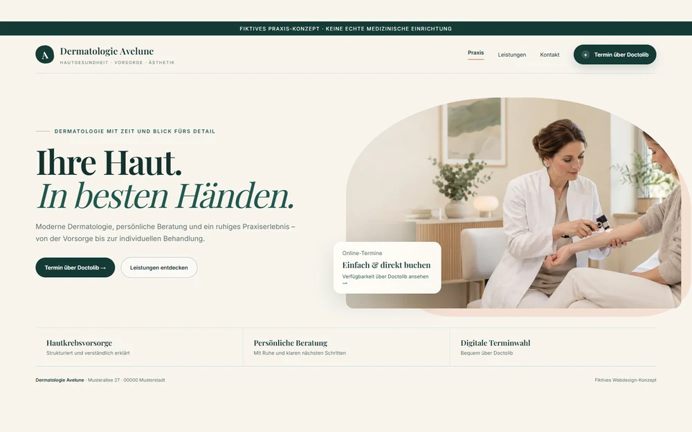 Dreiseitiger Website-Entwurf für Dermatologie Avelune mit Doctolib-Terminweg
