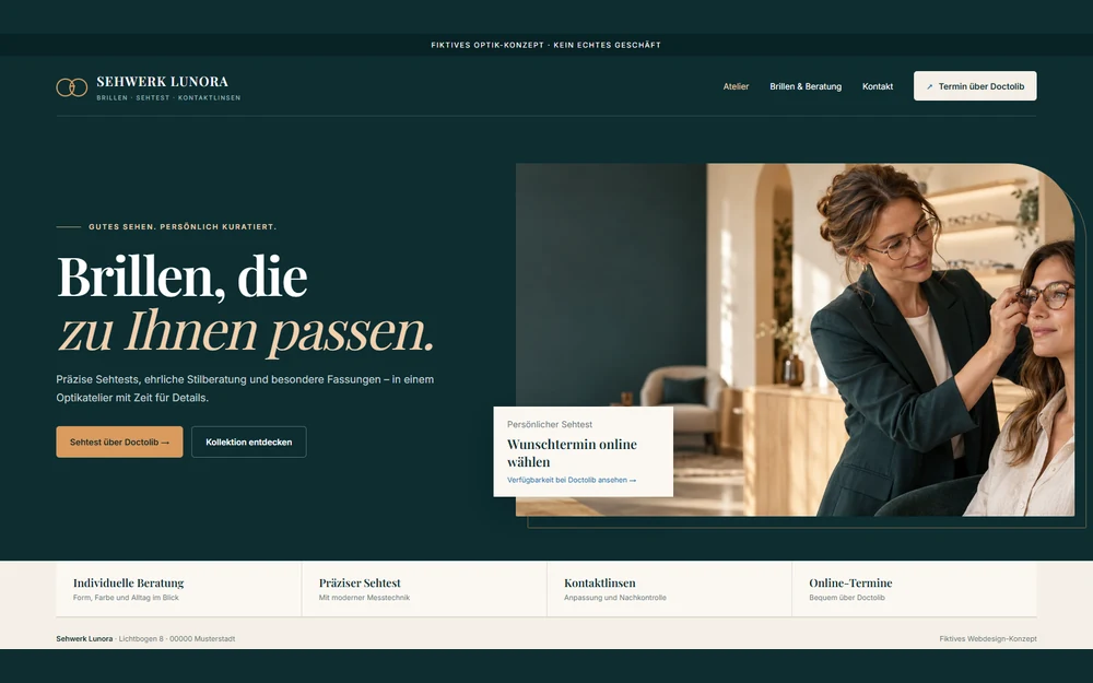 Dreiseitiger Website-Entwurf für Sehwerk Lunora mit Doctolib-Terminweg
