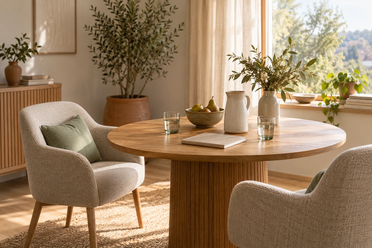 Heller fiktiver Beratungsraum mit rundem Holztisch und zwei Sesseln