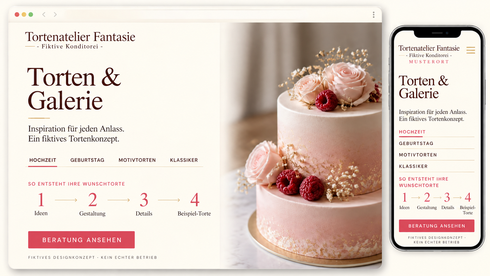 Fiktive Tortenatelier Fantasie-Tortengalerie mit Hochzeitstorten und einem beispielhaften Gestaltungsablauf auf Desktop und Smartphone.