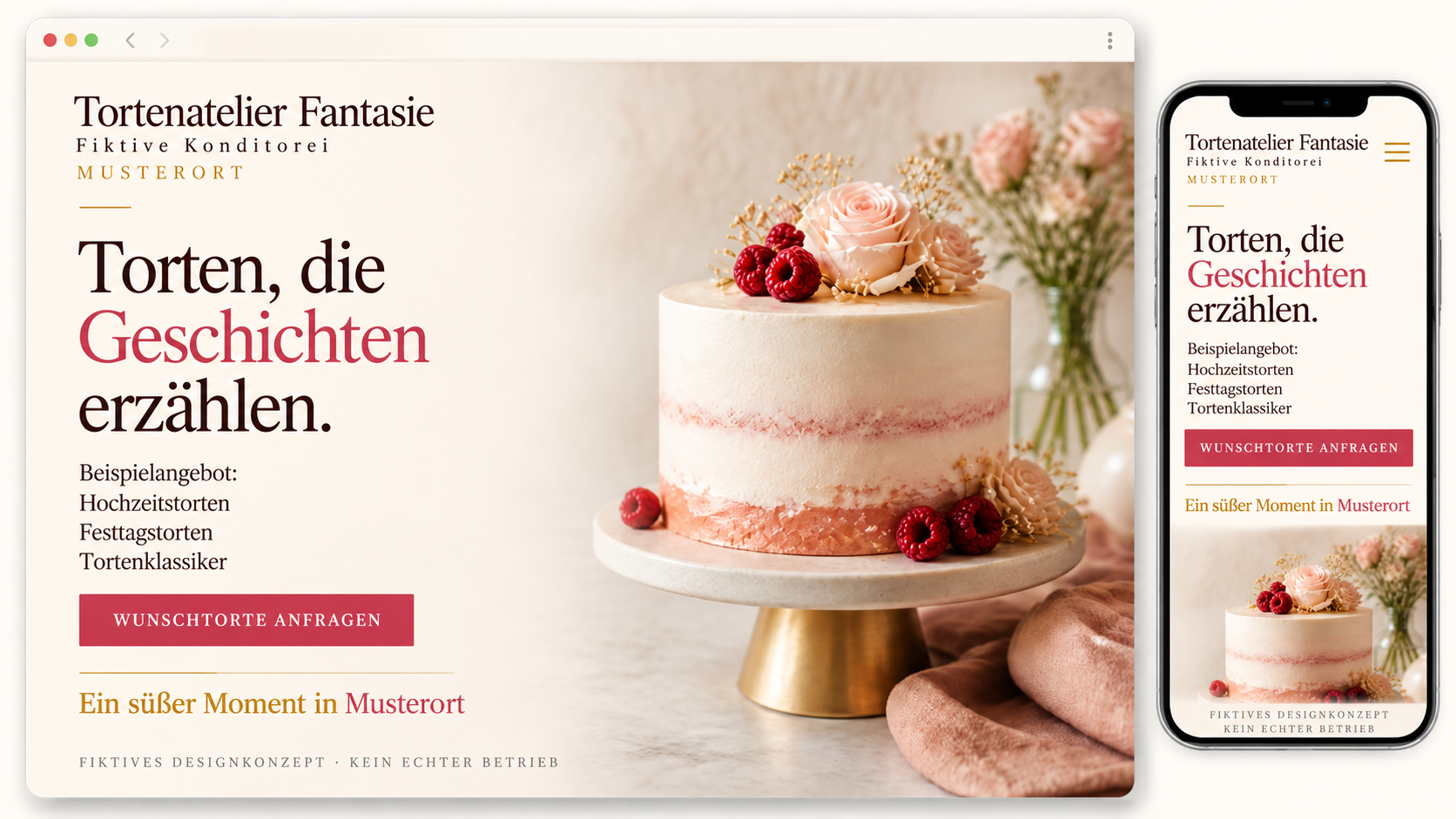 Tortenatelier Fantasie: fiktive Konditorei mit dekorierter Torte, dargestellt auf Desktop und Smartphone.