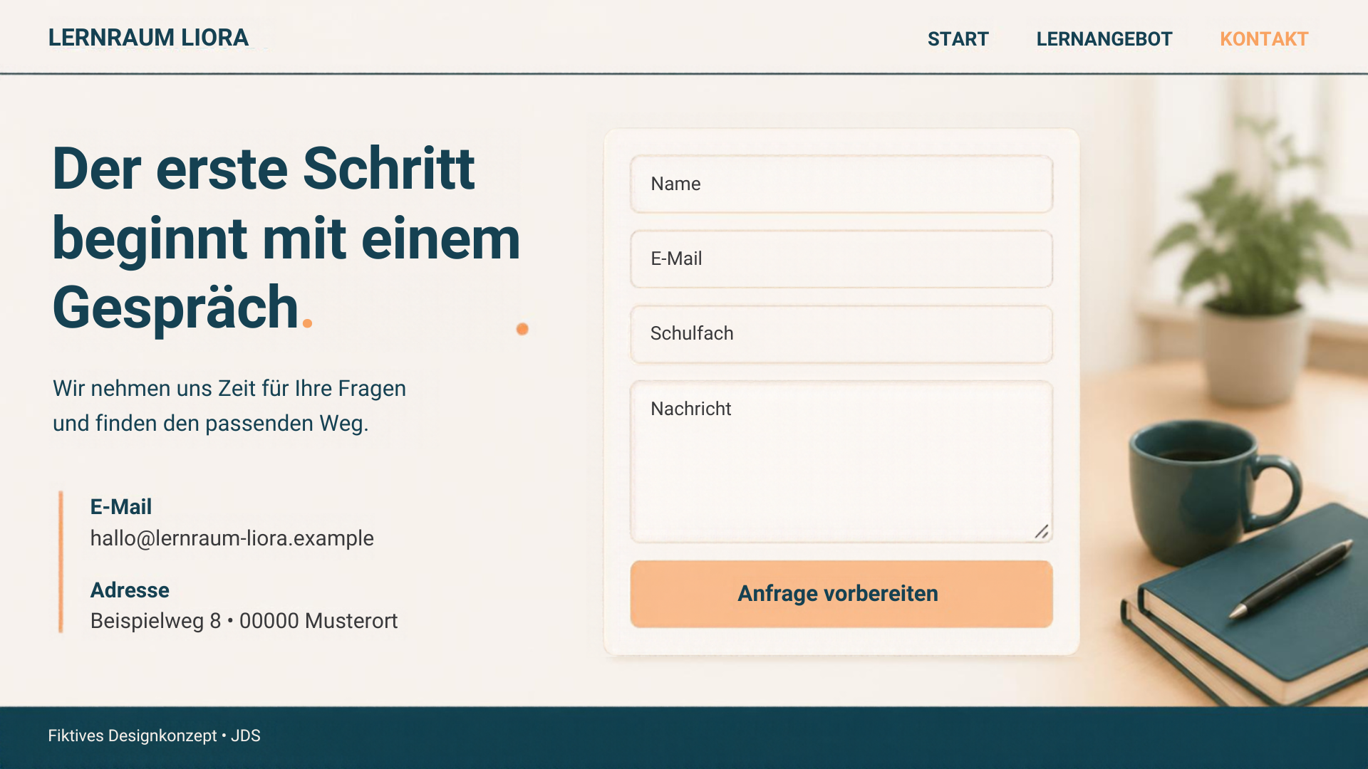 Lernraum Liora: Ein einfacher Weg zur Anfrage. Fiktives Website-Mockup.
