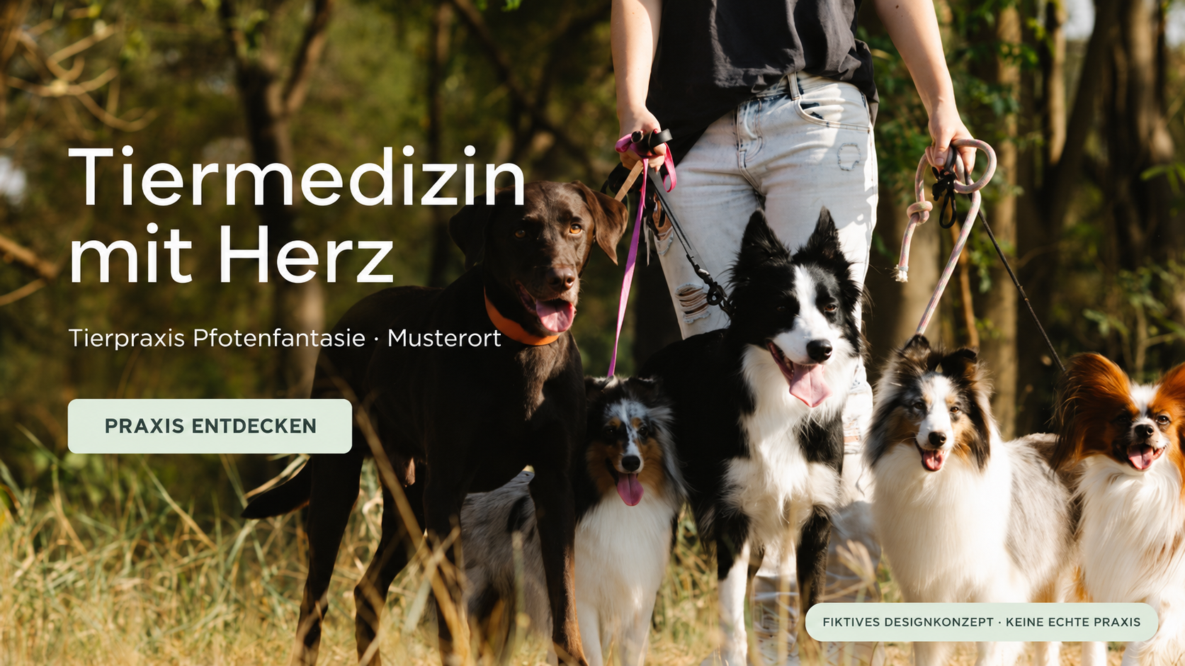 Tierpraxis Pfotenfantasie in Musterort: fiktive Startseite mit Hunden im Grünen.